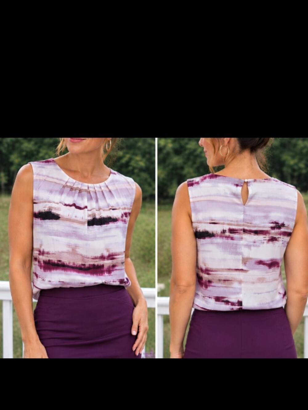 Women's Calvin Klein Size Large Sleeveless Purple Watercolor Pleat Neck Blouse